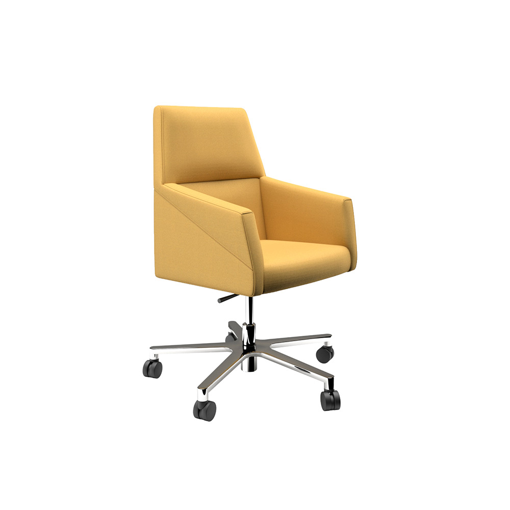 Armchair with chrome base and wheels, low backrest.
